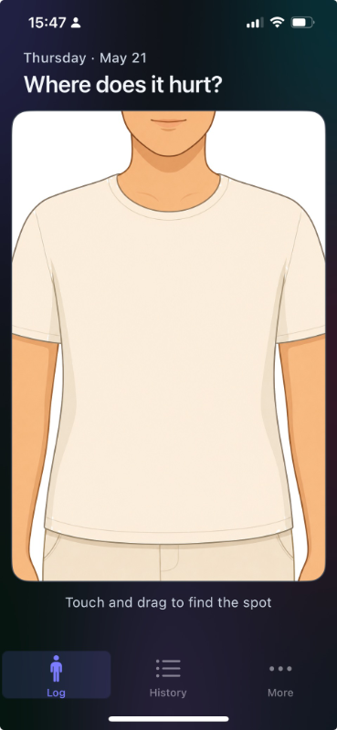 Reflux Body Log iOS — Where does it hurt? screen with body tap
